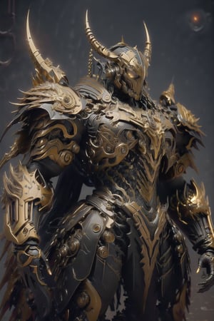 Create image of a futuristic, biomechanical warrior standing majestically. The figure is predominantly ivory and metallic silver with orange-glowing intricate patterns resembling circuitry across the body. Style is detailed and hyper-realistic, textures suggesting both organic and synthetic materials. The warrior's armor is highly ornamental and segmented, comprising layered plate-like structures with curvilinear edges and sharp spikes. The helmet features elongated, horn-like protrusions that arch backwards and taper to fine points, with a V-shaped visor that obscures the eyes, emitting an orange glow. Proportions are heroic, slightly elongated and exaggerated, with broad shoulders and a tapered waist, creating an imposing presence. The armor's design is anatomical, with each piece following the form of the muscles beneath. The background is a deep space scene, predominantly black with soft white star highlights, providing contrast that emphasizes the figure. There are subtle nebulas with faint hints of blue and purple, adding depth but not distracting from the main subject. The foreground focuses on the figure, with no additional elements to challenge the dominance of the warrior. Light sources seem to come from multiple directions, creating dynamic lighting which accentuates the textures and details of the armor, especially the glowing patterns.