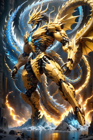 Create a wide angle full body image of a majestic cyborg mecha dragon with sparks and electric powers. The dragon should have a sleek and muscular build, with scales that glows in shades of electric yellow, azure and blue. Its eyes should be intense and fiery, as if they hold the essence of a blazing thunder. Surround the dragon with dynamic pale yellow sparks and ice blue sparks that dance and swirl around it, highlighting its powerful and mystical aura. Incorporate subtle details like embers and sparks in the background to enhance the elemental theme. The overall atmosphere should be one of awe and respect, showcasing the dragon as a powerful and mystical creature of fire., sf, intricate artwork masterpiece, ominous, matte painting movie poster, golden ratio, trending on cgsociety, intricate, epic, trending on artstation, by artgerm, h. r. giger and beksinski, highly detailed, vibrant, production cinematic character render, ultra high quality model