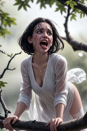 a pretty ghostly pale lady with long wet black hair, wearing loose shredded wet thick thobe with stains & dirts, slipped & sliding down rapidly & hilariously, on wet mossy tree branch, with panic & shouting expression in funny way, emphasising on the funny face expression, in raining scene, in dark gloomy night ambience, in hyper detail realistic images