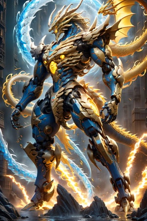 Create a wide angle full body image of a majestic cyborg mecha dragon with sparks and electric powers. The dragon should have a sleek and muscular build, with scales that glows in shades of electric yellow, azure and blue. Its eyes should be intense and fiery, as if they hold the essence of a blazing thunder. Surround the dragon with dynamic pale yellow sparks and ice blue sparks that dance and swirl around it, highlighting its powerful and mystical aura. Incorporate subtle details like embers and sparks in the background to enhance the elemental theme. The overall atmosphere should be one of awe and respect, showcasing the dragon as a powerful and mystical creature of fire., sf, intricate artwork masterpiece, ominous, matte painting movie poster, golden ratio, trending on cgsociety, intricate, epic, trending on artstation, by artgerm, h. r. giger and beksinski, highly detailed, vibrant, production cinematic character render, ultra high quality model