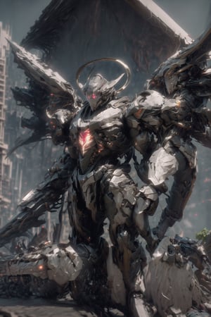 solo, red eyes, holding, weapon, wings, holding weapon, gun, no humans, glowing, halo, robot, building, holding gun, mecha, science fiction, mechanical wings, science fiction, hdr, ray tracing, nvidia rtx, super-resolution, unreal 5, subsurface scattering, pbr texturing, post-processing, anisotropic filtering, depth of field, maximum clarity and sharpness, 