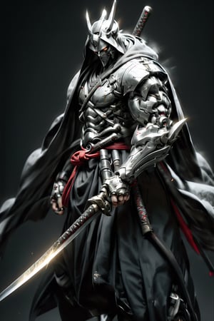 hyper realistic high definition photography image of a hooded warrior wearing a black robe, simple samurai attire, long silver glistening gothic looking sword, in striking style, the blade in motion captured like long exposure. dark grey background, very low light. each detail in high definition. 64k.