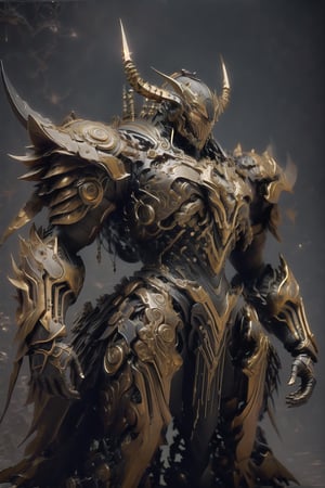 Create image of a futuristic, biomechanical warrior standing majestically. The figure is predominantly ivory and metallic silver with orange-glowing intricate patterns resembling circuitry across the body. Style is detailed and hyper-realistic, textures suggesting both organic and synthetic materials. The warrior's armor is highly ornamental and segmented, comprising layered plate-like structures with curvilinear edges and sharp spikes. The helmet features elongated, horn-like protrusions that arch backwards and taper to fine points, with a V-shaped visor that obscures the eyes, emitting an orange glow. Proportions are heroic, slightly elongated and exaggerated, with broad shoulders and a tapered waist, creating an imposing presence. The armor's design is anatomical, with each piece following the form of the muscles beneath. The background is a deep space scene, predominantly black with soft white star highlights, providing contrast that emphasizes the figure. There are subtle nebulas with faint hints of blue and purple, adding depth but not distracting from the main subject. The foreground focuses on the figure, with no additional elements to challenge the dominance of the warrior. Light sources seem to come from multiple directions, creating dynamic lighting which accentuates the textures and details of the armor, especially the glowing patterns.