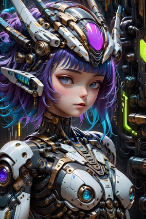 A close-up of a robot wearing a helmet, cyberpunk art by Android Jones, cgsociety, computer art, intricate detail, vibrant colors, neon lighting, futuristic design, high-tech textures, and a metallic finish. The image features a dynamic camera angle with dramatic lighting creating depth and highlighting the robot's detailed surfaces. The color palette includes vivid blues, purples, and greens, contributing to the overall mood of a high-tech, cyberpunk future. Extremely Realistic, Hyper Detailed, Cinematic Lighting Photography capturing every intricate detail, shot on nvidia rtx for realism, showcasing super-resolution and rendered in Unreal 5. Enhanced with subsurface scattering and PBR texturing for a lifelike appearance.