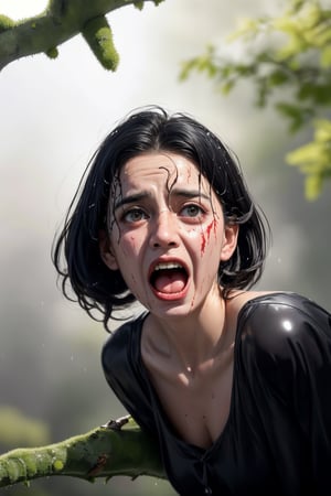 a pretty ghostly pale lady with long wet black hair, wearing loose shredded wet thick thobe with stains & dirts, slipped & sliding down rapidly & hilariously, on wet mossy tree branch, with panic & shouting expression in funny way, emphasising on the funny face expression, in raining scene, in dark gloomy night ambience, in hyper detail realistic images