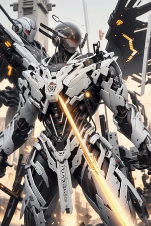 mecha, robot, no_humans, weapon, holding, sword, solo, wings, holding_weapon, mechanical_wings, beam_saber, v-fin, holding_sword, dual_wielding, science_fiction, grey_background, energy_sword, glowing