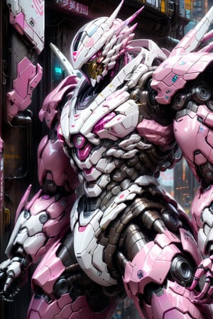 Close up view, viper mecha warrior, glossy white pink armor, hinghly detailed, futuristic design, hyperdetailed, polycarbonated shield, scar shield, in action, cyberpunk alley background,