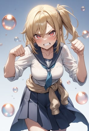 masterpiece, best quality, extremely detailed, high resolution, Japanese anime,1girl, blonde hair, swept bangs, one side up, scarlet eye, (Slightly thin, Straight hanging eye), (beautiful detailed eyes:1.3), (furrowed brow), (sweat:1.5), angry, (clenched teeth:1.2), slender, busty, 16 -year-old , 162cm tall, original character, fantasy, (a lot of bubbles, bubble background:1.2), beautiful fingers, BREAK (make fists, defense pose:1.4), leaning forward, (nevy school uniform), ((wrap a beige cardigan around waist:1.4)), full body, shoot from front, looking at viewer, medium shot,wet clothes,acidzlime