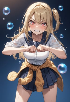 masterpiece, best quality, extremely detailed, high resolution, Japanese anime,1girl, blonde hair, swept bangs, one side up, scarlet eye, (Slightly thin, Straight hanging eye), (beautiful detailed eyes:1.3), (furrowed brow), (sweat:1.5), angry, (clenched teeth:1.2), slender, busty, 16 -year-old , 162cm tall, original character, fantasy, (a lot of bubbles, bubble background:1.2), beautiful fingers, BREAK (make fists, defense pose:1.3), leaning forward, (nevy school uniform), ((wrap a beige cardigan around waist:1.4)), full body, shoot from front, looking at viewer, medium shot,wet clothes,acidzlime