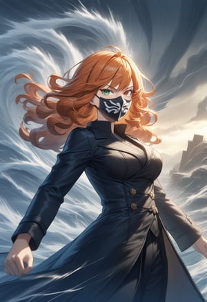 masterpiece, best quality, extremely detailed, high resolution, Japanese anime,cowboy shot, ((no hat:1.3)), 1girl, orange hair, medium hair, voluminous hair, (wavy hair:1.4), (heterochromia, brown eye, green eye), (Curved hanging eyes with strong angles, The depiction of the eyes is a little small ), (beautiful detailed eyes:1.2), (squinting), (square face), 30 -year-old , 161cm tall, original character, fantasy, BREAK (wind, storm,swirling vortex:1.5), beautiful fingers, Toned, medium breasts, (wind from hands:1.3), (action pose:1.4), (fighting pose:1.4), BREAK (black coloed long coat:1.3), (black coloed long coat:1.3), BREAK (red full face mask:1.5), shoot from front, looking at viewer, ElementWind