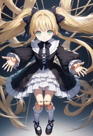 masterpiece, best quality, extremely detailed, high resolution, Japanese anime,1girl,long sleeve,skirt,blonde hair,green eyes,(gentle eyes), younger ,original character,fantasy, full body, (privateroom background), twintail, expressionless, thigh-high socks, (froating), ((hunging by threads:1.3), (threads get tangled:1.4), (lots of threads:1.3), Lolita fashion, ojou-sama, (outstretched arms:1.3), (bow head), shoot from above, looking at viewer, upper body,doll joints, doll face