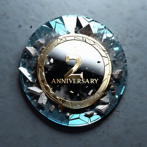 Badge, glass background smoke, between broken glass mirror background, radiant lights, shattered earthquake background with glass rubble, shards,Text,dvr-txt only english, text as "1st_Anniversary_2024"
