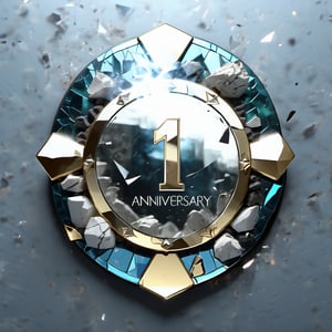 Badge, glass background smoke, between broken glass mirror background, radiant lights, shattered earthquake background with glass rubble, shards,Text,dvr-txt only english, text as "1st_Anniversary" Visible "Anniversary" text, High quality text.