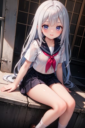 (highest quality:1.2, 4K, 8k, Studio Anime, Very detailed, Latest, Vibrant, High detail, High Contrast, masterpiece:1.2, highest quality, Best aesthetics), (((1 girl))), Sit and pose, jk, Sailor suit, Pleated skirt, loose socks, loafers, Please open your mouth a little:1.2, smile, Dynamic Angle, look up:1.3, Friendly atmosphere, Beautiful Hair, Shiny Hair, Beautiful Skin, detailed face and eyes, Glossy lips, female curvy beauty, Striking contrast,