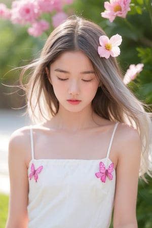 1girl, solo, long hair, breasts, dress, bare shoulders, collarbone, closed eyes, upper body, flower, white hair, small breasts, parted lips, hair flower, lips, floating hair, bug, wind, butterfly,Looking at viewer 