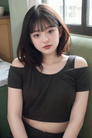 1girl, solo, looking at viewer, , bangs, shirt, black hair, closed mouth, upper body, short sleeves, indoors, medium bob hair, black eyes, lips, window, croptop, low cut TOP, shoulder dress , realistic, nose,realistic, upper body, 