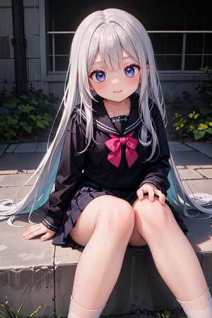 (highest quality:1.2, 4K, 8k, Studio Anime, Very detailed, Latest, Vibrant, High detail, High Contrast, masterpiece:1.2, highest quality, Best aesthetics), (((1 girl))), Sit and pose, jk, Sailor suit, Pleated skirt, loose socks, loafers, Please open your mouth a little:1.2, smile, Dynamic Angle, look up:1.3, Friendly atmosphere, Beautiful Hair, Shiny Hair, Beautiful Skin, detailed face and eyes, Glossy lips, female curvy beauty, Striking contrast,