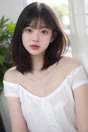 1girl, solo, looking at viewer, , bangs, shirt, black hair, closed mouth, upper body, short sleeves, indoors, medium bob hair, black eyes, lips, window, croptop, low cut TOP, shoulder dress , realistic, nose,realistic, upper body, 