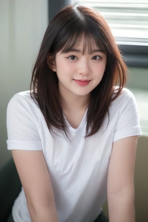 1girl, solo, looking at viewer, smile, bangs, shirt, black hair, closed mouth, white shirt, upper body, short sleeves, indoors, medium hair, black eyes, lips, window, t-shirt, realistic, nose