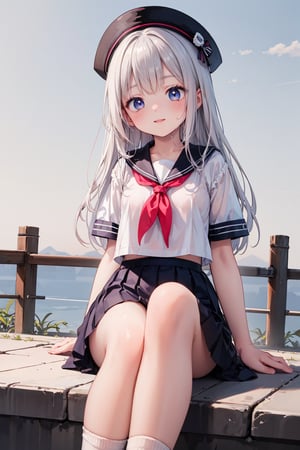 (highest quality:1.2, 4K, 8k, Studio Anime, Very detailed, Latest, Vibrant, High detail, High Contrast, masterpiece:1.2, highest quality, Best aesthetics), (((1 girl))), Sit and pose, jk, Sailor suit, Pleated skirt, loose socks, loafers, Please open your mouth a little:1.2, smile, Dynamic Angle, look up:1.3, Friendly atmosphere, Beautiful Hair, Shiny Hair, Beautiful Skin, detailed face and eyes, Glossy lips, female curvy beauty, Striking contrast,