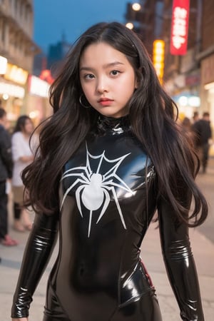 The image appears to show a person wearing a black, shiny, latex-like bodysuit with a spider web design and a white spider emblem on the chest. The suit has cut-out details, and the person has long, wavy hair and is standing in an urban environment with warm lights in the background, suggesting an evening or night setting. The overall vibe is stylish and somewhat edgy, with a superhero or cosplay aesthetic.