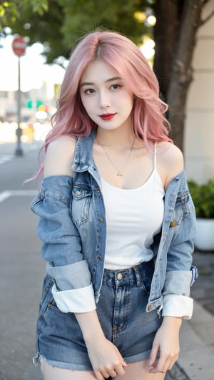 A young woman with vibrant pink hair and long locks framing her heart-shaped face. She gazes directly at the viewer, a warm smile spreading across her closed-mouthed lips. Her green eyes sparkle as she wears a white shirt with a jacket open to reveal a belt and necklace. A bag slung over her shoulder, she stands confidently, her denim jacket worn over a blue one, creating a sense of depth and texture in the blurred background.