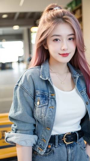 1girl, solo, long hair, looking at viewer, smile, shirt, hair ornament, jewelry, closed mouth, green eyes, jacket, white shirt, upper body, pink hair, open clothes, belt, necklace, bag, blurry, open jacket, lips, blue jacket, denim jacket