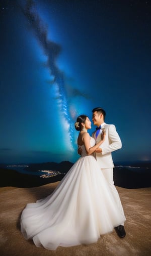 Asian bride and groom dancing gracefully, Milky Way galaxy in the background, magical, beautiful and aesthetic, 