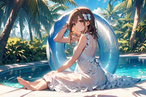 A young woman sits barefoot by a palm tree-lined pool, surrounded by the vibrant blue sky. She wears a see-through, sleeveless white sundress with frills and a white bow at her hairline. Her long brown hair cascades down her back, adorned with a hair bow. Brown eyes gaze directly at the viewer, accompanied by a blush and an open mouth. A ribbon adorns her dress, and she holds a wet inner tube behind her head. The sunlight catches the water's ripples, creating a serene atmosphere as she sits in contemplation, her arm raised to shield her eyes from the brightness.