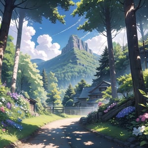 A serene forest landscape on a sunny day. A tall tree stands sentinel amidst lush green grass, its trunk adorned with vibrant flowers. The blue sky above is dotted with wispy clouds, casting dappled shadows on the foliage. In the distance, a winding mountain road disappears behind a wooden fence, while a meandering path stretches out into the forest, inviting exploration.