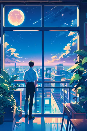 1girl, short hair, skirt, shirt, black hair, 1boy, school uniform, standing, white shirt, short sleeves, hetero, sky, pants, cloud, indoors, black skirt, from behind, window, night, shadow, black pants, moon, table, plant, couple, building, star \(sky\), night sky, scenery, full moon, railing, facing away, potted plant, lamp, balcony