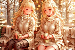 A serene winter scene: a girl with long brown hair and short sleeves sits comfortably on a park bench beside a majestic Christmas tree, adorned with twinkling lights. Her own hands are clasped together in front of her, as she wears a white turtleneck sweater under a black coat with fur trim. She's paired with a boy who shares her winter wonderland vibes, sporting brown eyes and black boots with lace-up details. The pair sits amidst a backdrop of snow-covered trees, their faces aglow from the festive atmosphere.