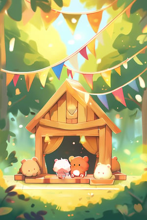 A whimsical morning scene: In a sun-dappled forest, a tiny bear cub sits amidst his chummy friends, their fur fluffed by the gentle warmth of the rising sun. The trio gathers around a cozy treehouse, its wooden slats adorned with colorful streamers and twinkling fairy lights. Inspired by Miyagi Tatsuya's signature style, this cartoon-inspired artwork bursts with joy and friendship.