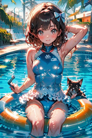 swimming,1girl,pool,swimsuit,cute,dog,