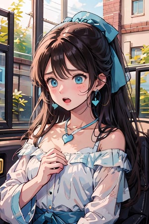 The image depicts a stylized female character from an anime or manga. The character has large, expressive blue eyes and is adorned with small earrings. She is wearing a white top that is slightly off the shoulder, revealing a hint of her skin. Her hair is brown with lighter blue streaks and styled in a way that frames her face. She holds her hands together in front of her chest, creating a heart shape with her fingers. This gesture, combined with her wide eyes and open mouth, suggests a moment of surprise or excitement. The background is plain white, putting the focus entirely on the character.