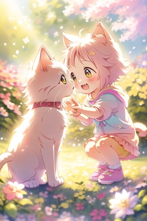 A heartwarming scene of a cute, fluffy kitten meeting a young girl in a charming, pastel-colored park. The kitten, with big, curious eyes and playful whiskers, stands on its hind legs, reaching out towards the girl who kneels with a gentle smile, extending her hand. The park is filled with blooming flowers and a gentle breeze, adding a whimsical touch. The composition is centered on the interaction, with soft, warm lighting enhancing the joyful, innocent atmosphere. The girl's outfit is colorful and playful, matching the cheerful setting. The framing captures both the girl and the kitten in a close, intimate moment, highlighting their budding friendship.