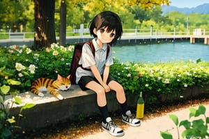 1girl, long hair, smile, short hair, brown hair, shirt, black hair, 1boy, holding, brown eyes, sitting, outdoors, food, shoes, shorts, day, socks, collared shirt, pants, bag, looking at another, tree, animal, leaf, cat, white footwear, backpack, bottle, sneakers, knees up, eye contact, holding cat