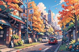 Autumn leaves scatter across the grassy verge as a sleek blue sedan navigates the busy city street. Above, a brilliant blue sky is dotted with wispy clouds, while to the left, a towering skyscraper rises against the backdrop of a vibrant tree-lined boulevard. A lamppost casts a warm glow, illuminating the motor vehicle's path and highlighting the contrasting textures of the road signs and autumn foliage. In the distance, a cityscape unfolds, with buildings and streetlights merging seamlessly into the urban landscape.