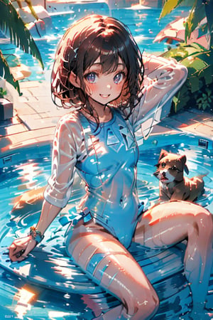 A young girl in a bright pink swimsuit floats on her back at the edge of a sparkling pool, surrounded by a playful dog wagging its tail and giving her a curious gaze. The sunlight casts a warm glow, highlighting the water's ripples as she smiles serenely.