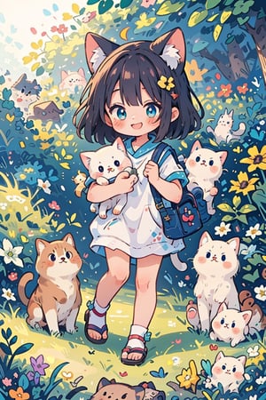 In a vibrant anime chibi style, a masterpiece of whimsy and charm, a single girl takes center stage in a lush green park. With an astonishing level of detail, her features are rendered in 16K HD, her adorable eyes sparkling like diamonds in the sunlight. Framed by a shallow depth of field, the subject is bathed in warm light, while the background blurs softly into a gentle haze. Her simple yet endearing feline friends frolic at her feet, as she gazes down at them with a gentle smile.