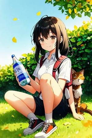 A warm sunny day outdoors with a gentle breeze rustling the leaves of a tall tree. A girl with long brown hair and a bright smile sits comfortably on the grass, her short black hair framing her face. She wears a collared shirt and shorts, with white sneakers on her feet and a backpack by her side. In her hand, she gently holds a cat, its fur glistening in the sunlight. Next to her, a boy with brown eyes and a warm smile looks down at the cat, his knees slightly upturned as he sits cross-legged. He wears a collared shirt and pants, with black sneakers on his feet. The atmosphere is peaceful, with a bag and bottle of food nearby, adding to the sense of a relaxed outdoor gathering.