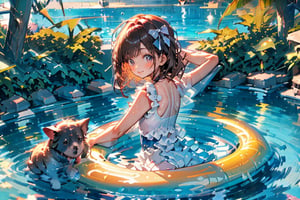 A serene summer scene: a young girl in a bright pink swimsuit floats effortlessly on her back at the edge of a sparkling pool, surrounded by a playful dog wagging its tail and gazing at her with curiosity. The warm sunlight casts a gentle glow, highlighting the water's ripples as she smiles serenely, lost in the tranquility of the moment.