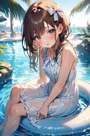 A young woman sits barefoot by a palm tree-lined pool, surrounded by the vibrant blue sky. She wears a see-through, sleeveless white sundress with frills and a white bow at her hairline. Her long brown hair cascades down her back, adorned with a hair bow. Brown eyes gaze directly at the viewer, accompanied by a blush and an open mouth. A ribbon adorns her dress, and she holds a wet inner tube behind her head. The sunlight catches the water's ripples, creating a serene atmosphere as she sits in contemplation, her arm raised to shield her eyes from the brightness.