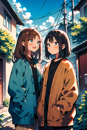 long hair, blush, smile, short hair, open mouth, bangs, blue eyes, multiple girls, skirt, brown hair, shirt, black hair, long sleeves, 2girls, closed mouth, standing, jacket, :d, outdoors, open clothes, sky, day, pants, medium hair, looking at another, open jacket, black shirt, cardigan, plant, building, hands in pockets, road, house, power lines, street, utility pole