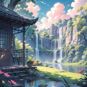 A serene outdoor scene: a vibrant flower blooms on a lush green grassy hill, surrounded by a tranquil forest of towering trees. The sky above is a brilliant blue, with only a few wispy clouds drifting lazily across it. A gentle water feature flows quietly in the distance, its soft gurgling sound blending harmoniously with nature's peaceful ambiance. A sturdy chair and weathered bench sit nestled among the foliage, inviting contemplation amidst the idyllic scenery. Bushes and plants of varying textures and hues add depth to this picturesque haven.