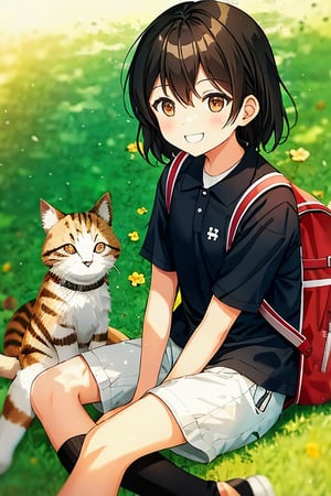  1girl with long brown hair and a bright smile sits comfortably on the grass, her short black hair framing her face. She wears a collared shirt and shorts, with white sneakers on her feet and a backpack by her side. In her hand, she gently holds a cat, its fur glistening in the sunlight. Next to her, 1boy with brown eyes and a warm smile looks down at the cat, his knees slightly upturned as he sits cross-legged. He wears a collared shirt and pants, with black sneakers on his feet. The atmosphere is peaceful, with a bag and bottle of food nearby, adding to the sense of a relaxed outdoor gathering.