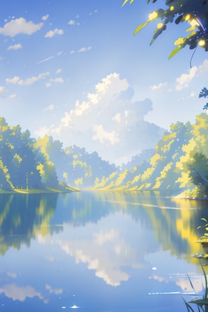 A serene landscape featuring a tranquil lake reflecting the azure sky, with soft, natural lighting. The composition focuses on the clear water mirroring the sky, surrounded by lush greenery. The scene is calm and peaceful, capturing the essence of nature's beauty.