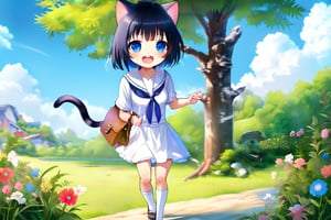 1girl, solo, looking at viewer, blush, smile, short hair, open mouth, bangs, blue eyes, black hair, hair ornament, dress, holding, animal ears, standing, tail, full body, flower, short sleeves, :d, outdoors, day, socks, fang, cat ears, hair flower, sailor collar, bag, white dress, tree, cat tail, animal ear fluff, :3, animal, sandals, cat, standing on one leg, grass, bug, white flower, cat girl, white socks, blue sailor collar, butterfly, sailor dress, shoulder bag, yellow flower, female child, holding animal, white cat