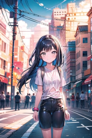 A warm day with a bright blue sky and a few clouds. The scene is set on a quiet street with a mix of buildings and outdoor spaces. A girl with long black hair and bangs stands out, her gaze directly at the viewer as she blushes and smiles. She's wearing a shirt and has short sleeves.

Next to her, a boy looks relaxed, one eye closed, his brown eyes crinkling at the corners as he grins. He's dressed in a white T-shirt with short sleeves and has black hair. A backpack lies at their feet near a ground vehicle, such as a motorcycle or scooter, parked on the road beside a utility pole.

The overall atmosphere is casual and carefree, with a sense of joy and spontaneity.