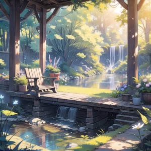 A serene outdoor scene: A delicate flower blooms amidst lush greenery beneath a clear blue sky, warm sunlight casting gentle shadows on the verdant surroundings. A gentle stream flows through the landscape, its tranquil ripples reflected in the weathered wooden chair and intricately carved bench nestled among the trees. Vibrant grass sways softly in the breeze, as nearby plants and bushes add depth to the picturesque scenery.